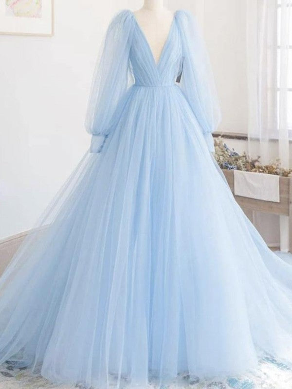 A-line tulle ruffle prom dress featuring a V-neckline, long sleeves, and sweep train