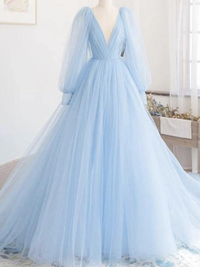 A-line tulle ruffle prom dress featuring a V-neckline, long sleeves, and sweep train
