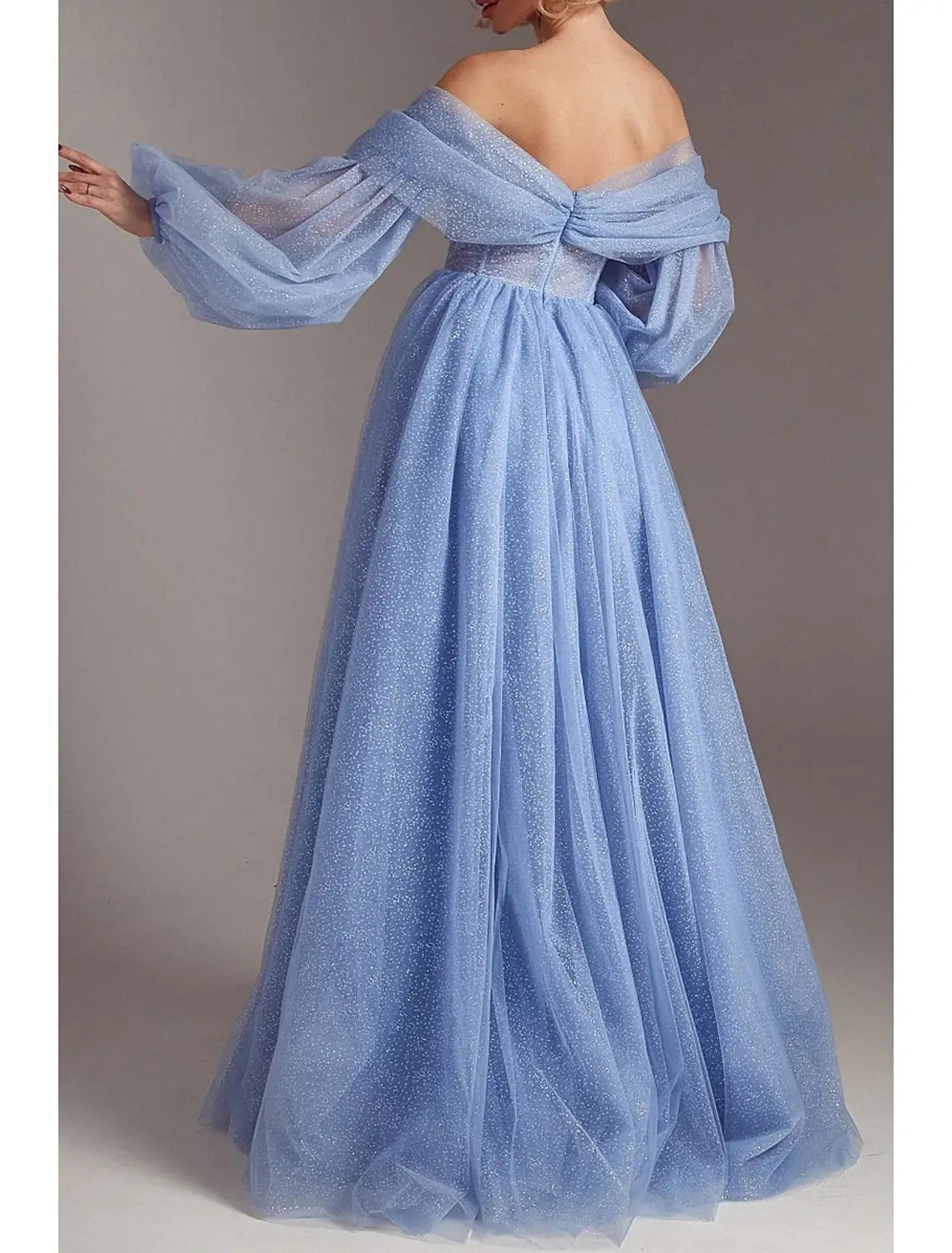 Long sleeve off-the-shoulder floor-length A-line corset gown in glitter tulle