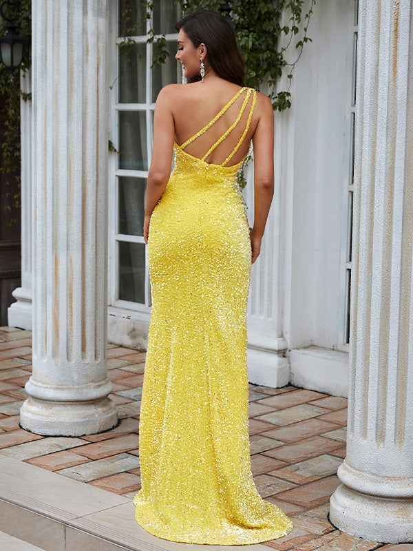 One-shoulder sleeveless sheath prom dress with brush train