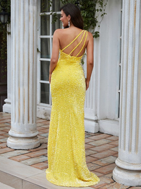 One-shoulder sleeveless sheath prom dress with brush train