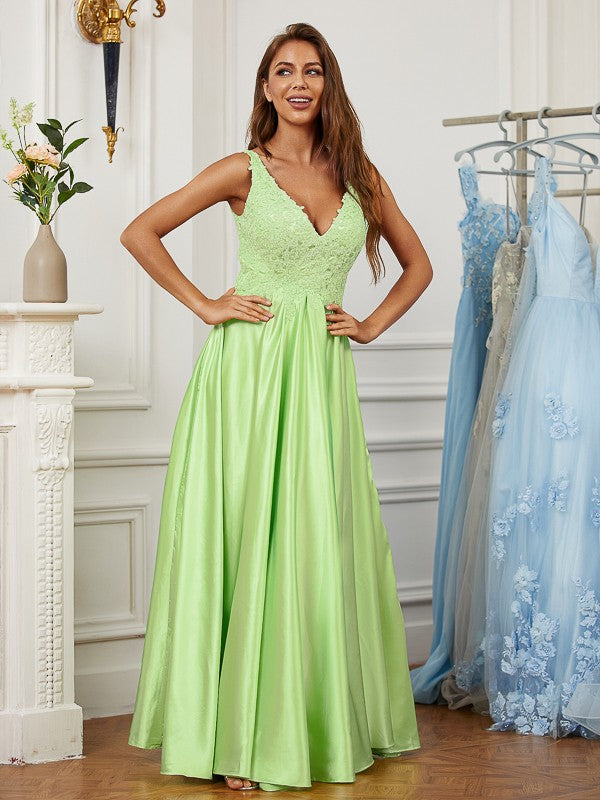 A-line V-neck sleeveless floor-length prom dress in elastic woven satin and lace