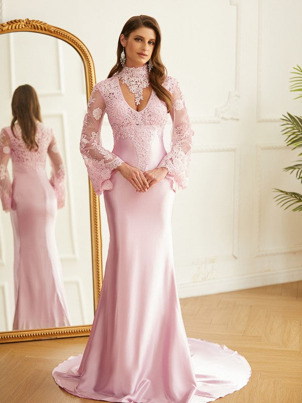 Lace and silk-like satin high neck sheath prom gown with long sleeves