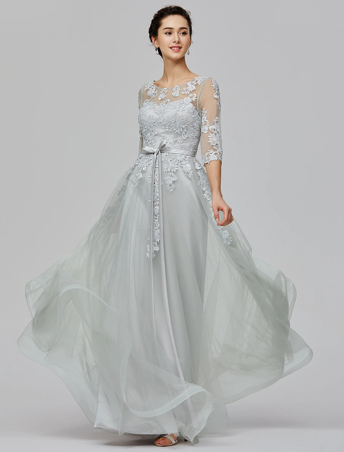 A-line empire tulle floor-length evening dress with illusion neckline and half sleeves in silver
