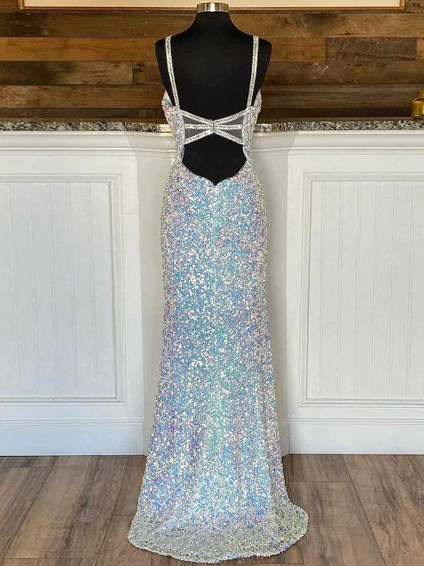 White velvet and sequin sleeveless V-neck sheath prom dress with sweep train