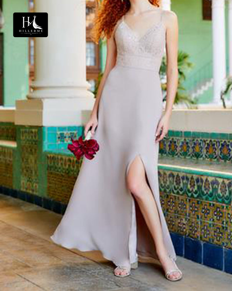 B5113 - V-Neck Spaghetti Strap Long Bridesmaid Dress with Slit Detailing