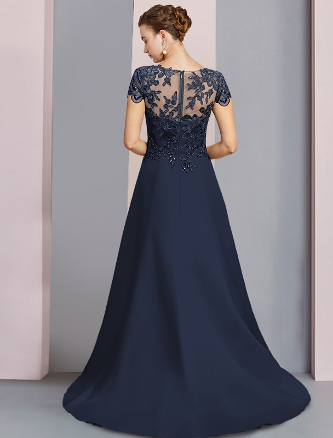 A-line satin and lace mother of the bride dress with sequin appliques and sweep train