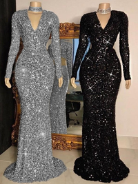 Ruched V-Neck Sheath Prom Dress with Long Sleeves and Sweep Train