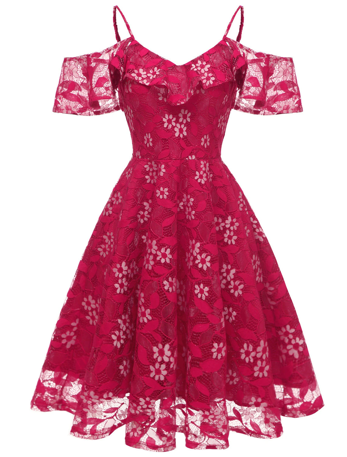 Knee length A-line cocktail and wedding guest dress with lace insert