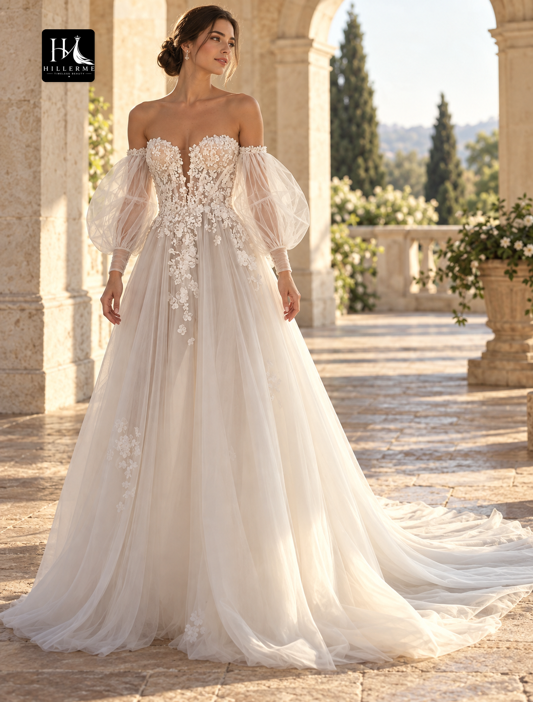 A-Line Off-Shoulder Long Sleeve Lace Wedding Dress with Court Train