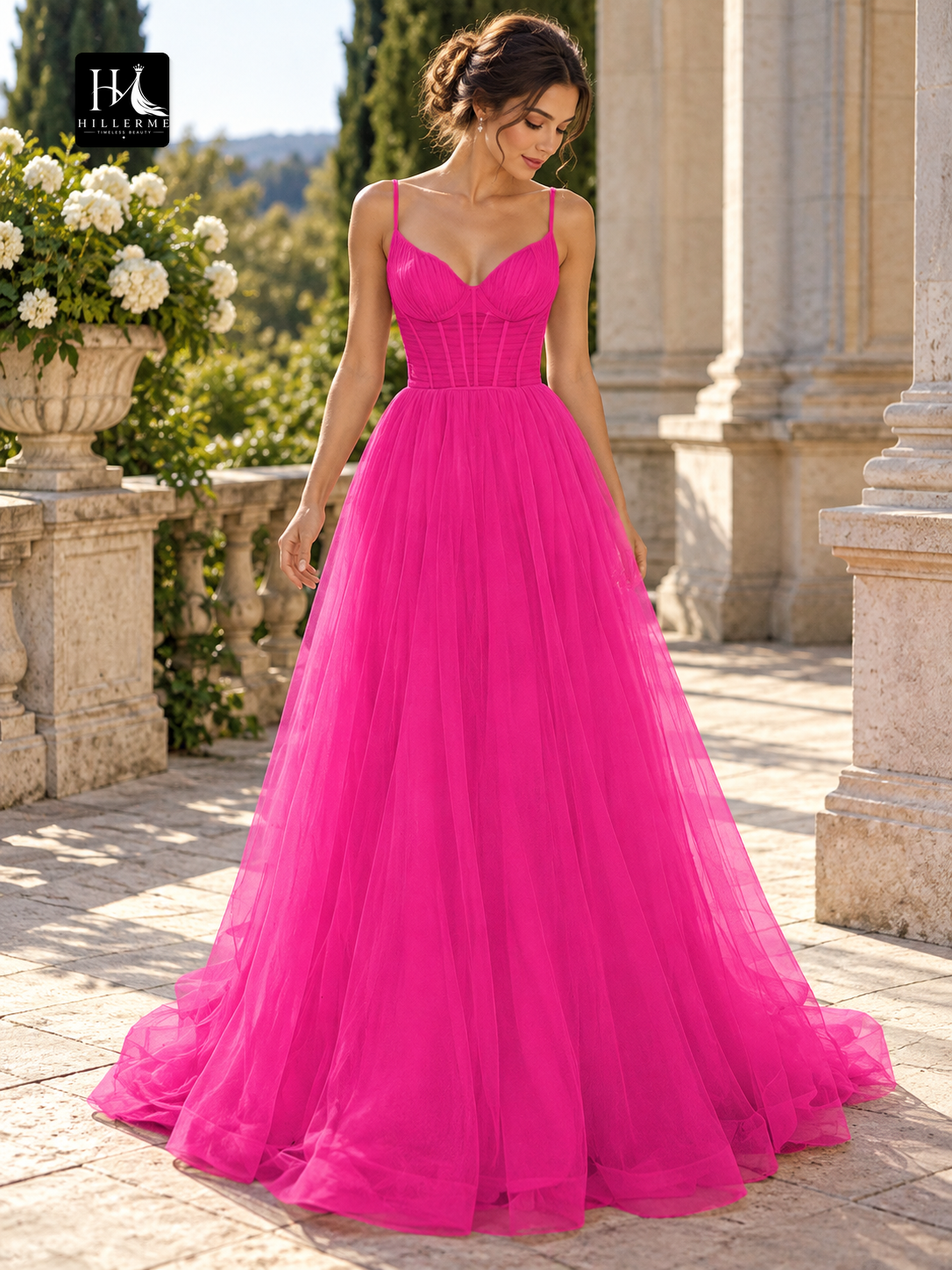 A-Line V-Neck Sleeveless Ruffle Tulle Prom Dress with Sweep Train