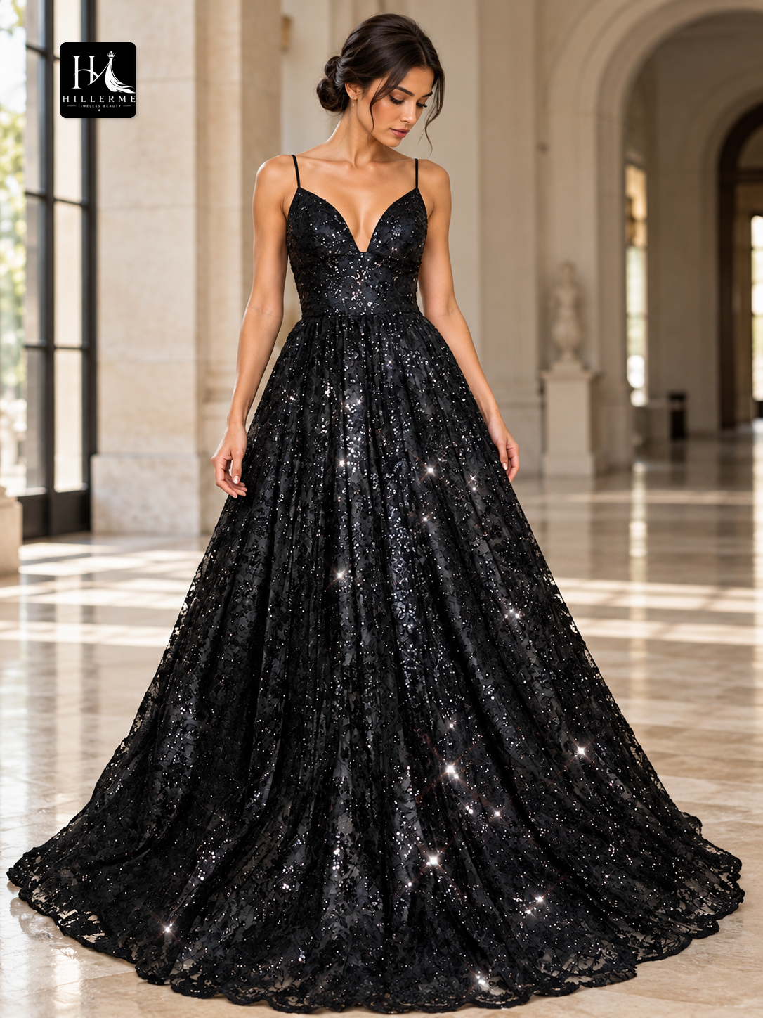A-Line V-Neck Sleeveless Sequin Floor-Length Prom Dress