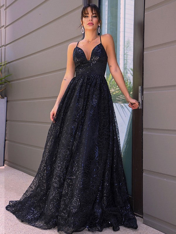 Black A-line sleeveless lace and sequin prom dress with sweep train