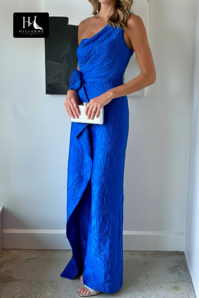 Asymmetrical One-Shoulder Jacquard Gown with High Slit