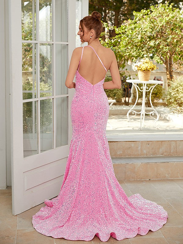 One-shoulder sleeveless velvet and sequin ruched sheath prom dress with sweep train