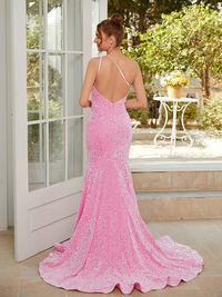 One-shoulder sleeveless velvet and sequin ruched sheath prom dress with sweep train