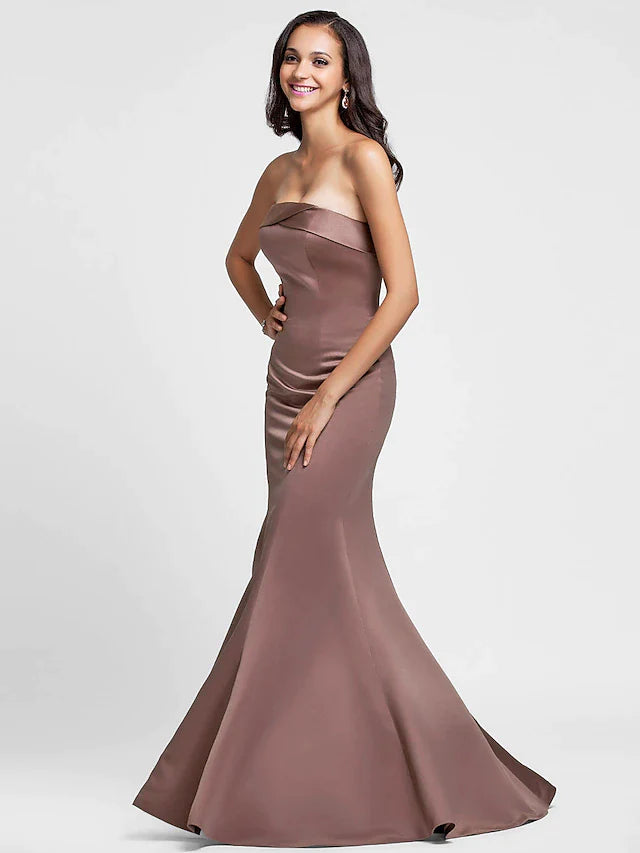 Strapless floor-length satin mermaid bridesmaid dress with side draping
