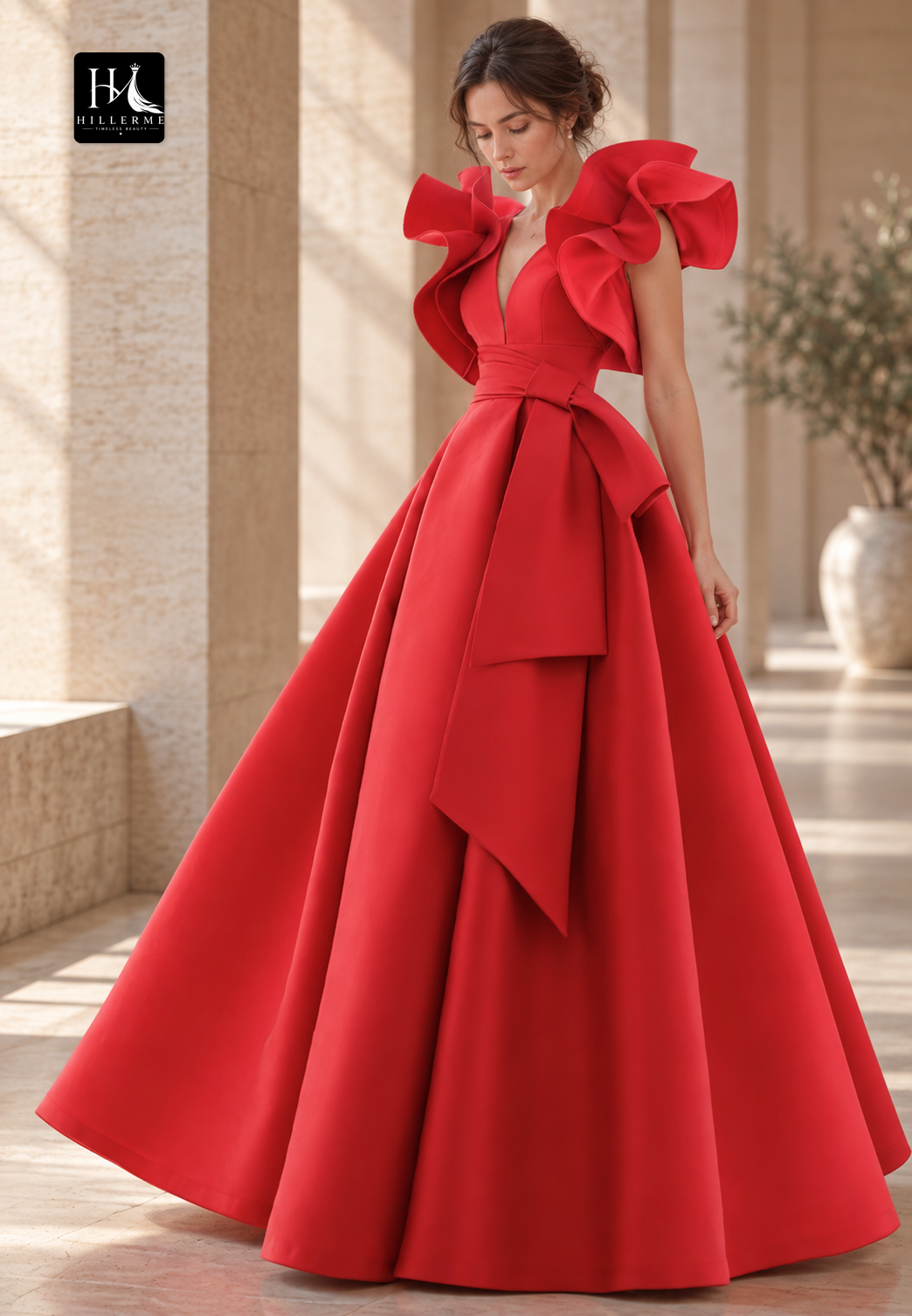 A-Line Floor-Length Mother of the Bride Gown with Deep V-Neck, Ruffled Straps, and Pleated Satin