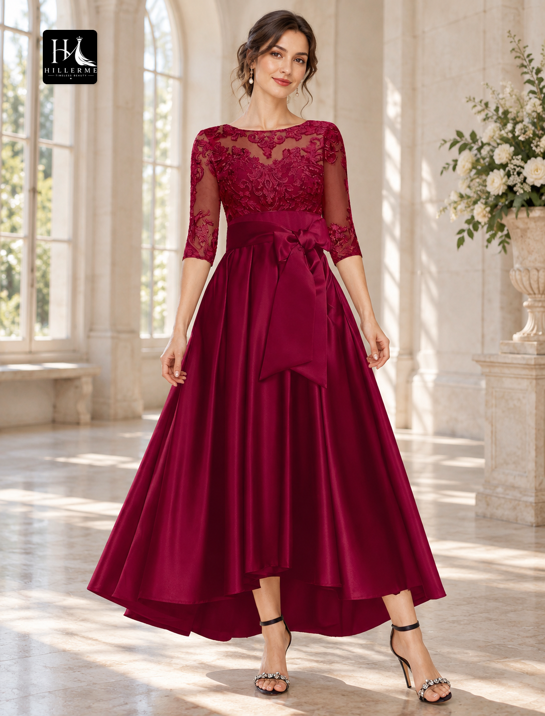 A-Line High-Low Satin and Lace Mother of the Bride Dress with Bateau Neck and 3/4 Sleeves