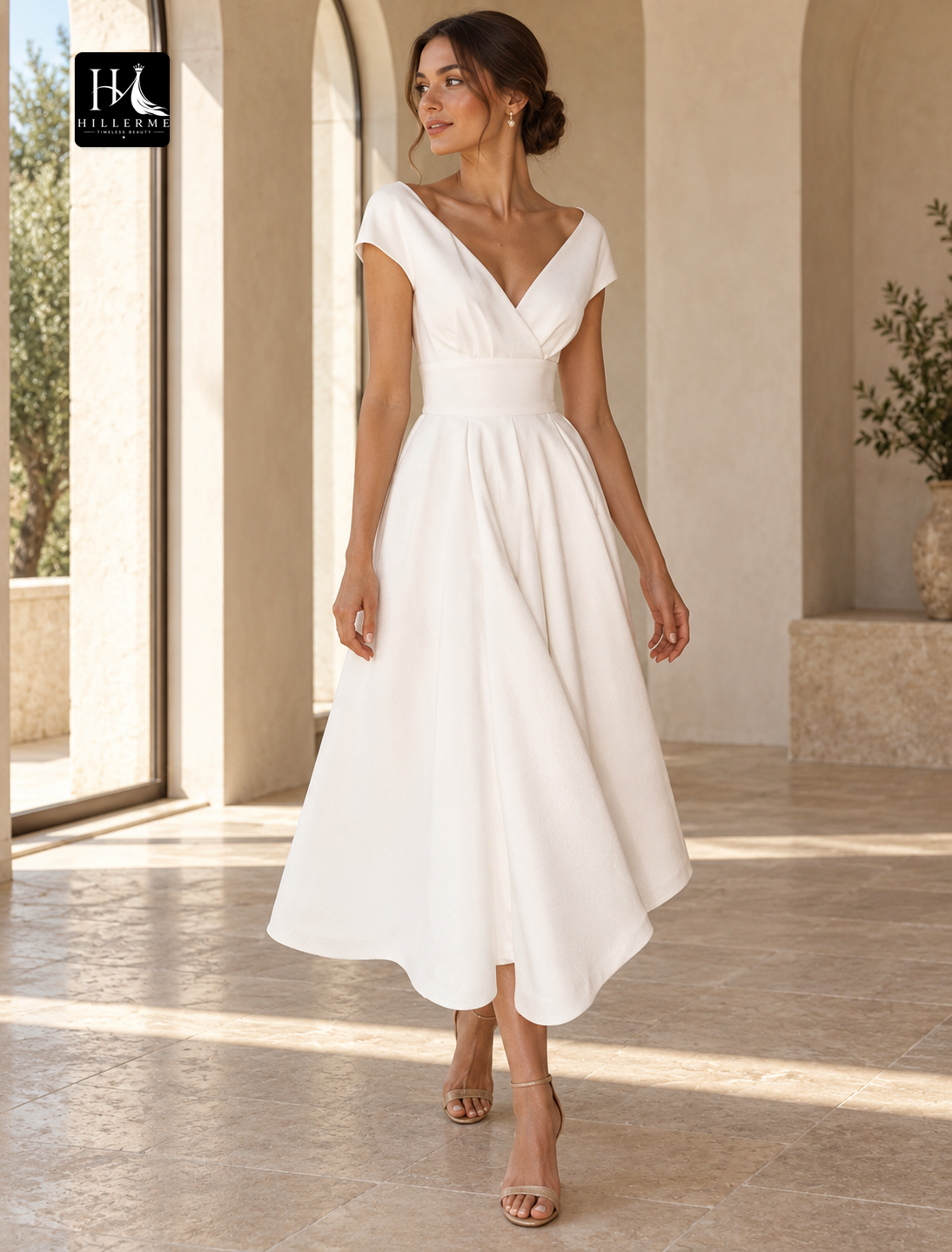 A-Line V-Neck Cap Sleeve Tea-Length Chiffon Wedding Dress with Pleats