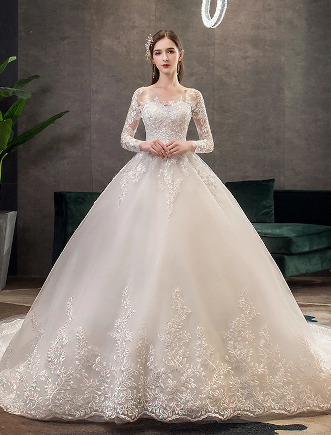Illusion neck long sleeve lace ball gown wedding dress
