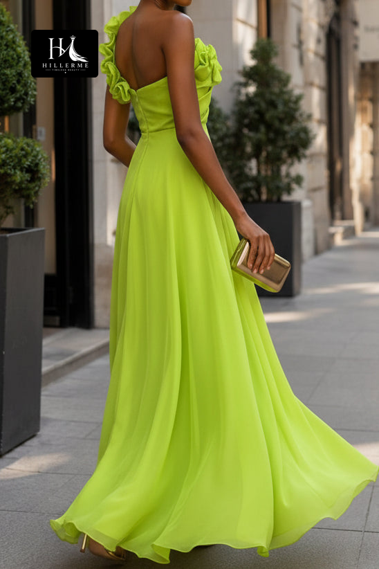 One Shoulder A-Line Evening Gown with 3D Ruffle Detailing