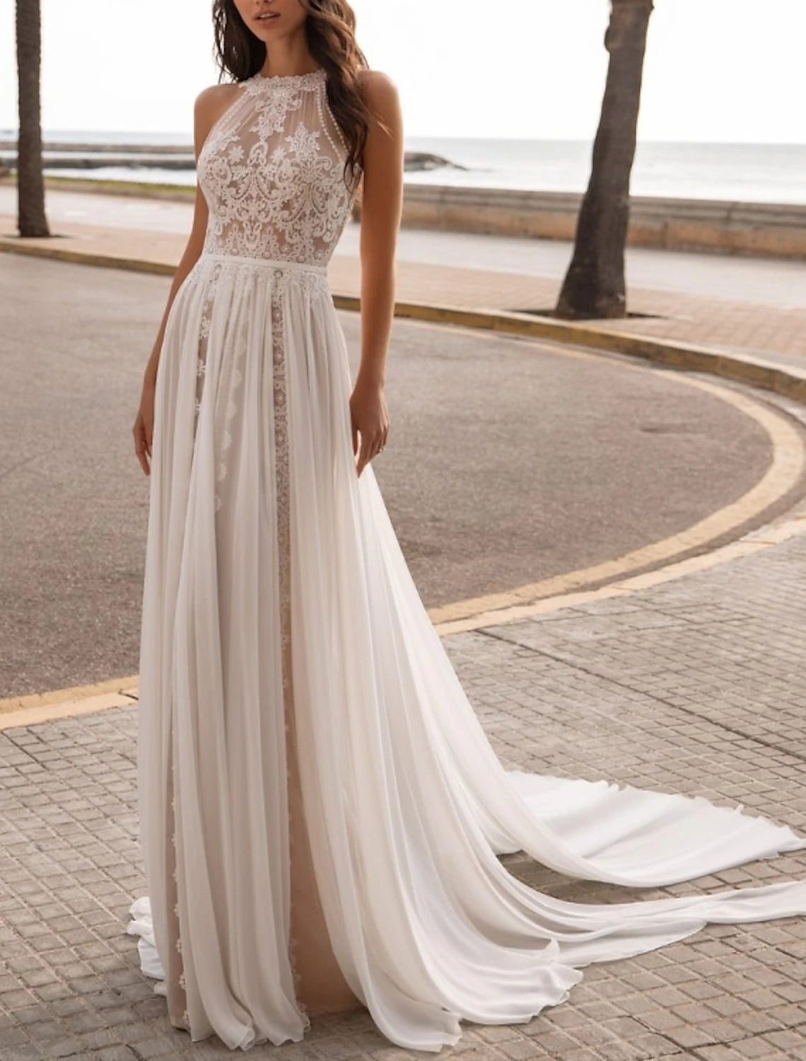 A-line halter neck sleeveless chiffon beach wedding dress with embroidery in ivory