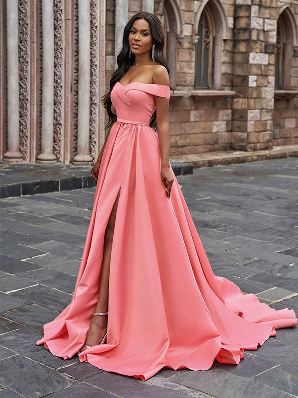 Detailed view of ruffles and satin fabric on A-line prom dress