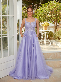 A-line tulle applique sleeveless prom dress with straps and court train
