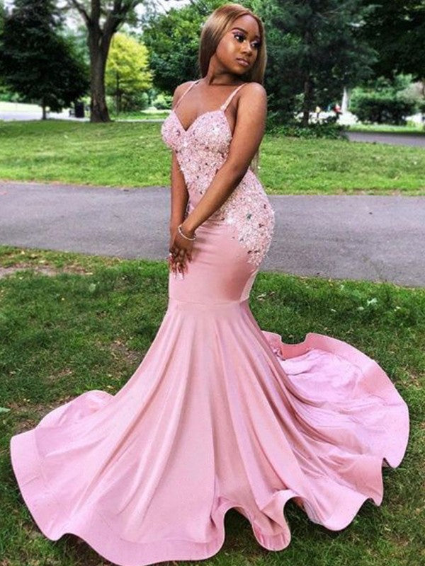 Trumpet/mermaid silk like satin applique prom dress with sweep/brush train