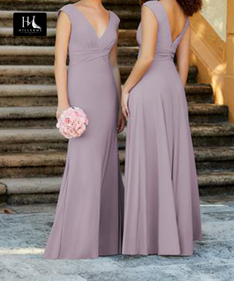 B5114 - V-Neck Satin Bridesmaid Dress with Pleated Sleeves and A-Line Silhouette