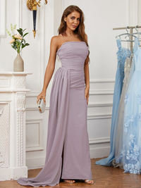Sleeveless strapless sheath prom dress with ruched stretch crepe fabric