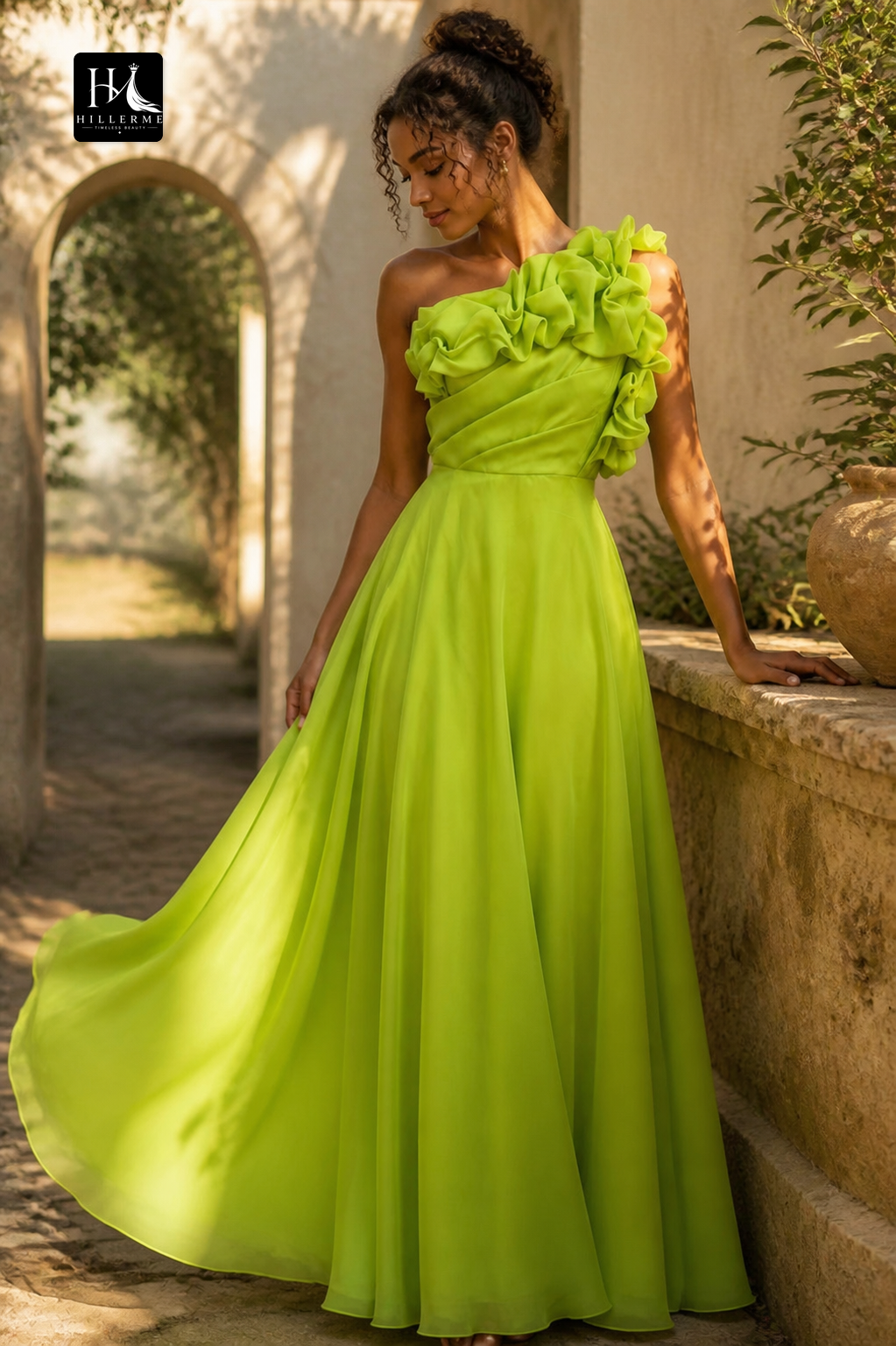 One Shoulder A-Line Evening Gown with 3D Ruffle Detailing