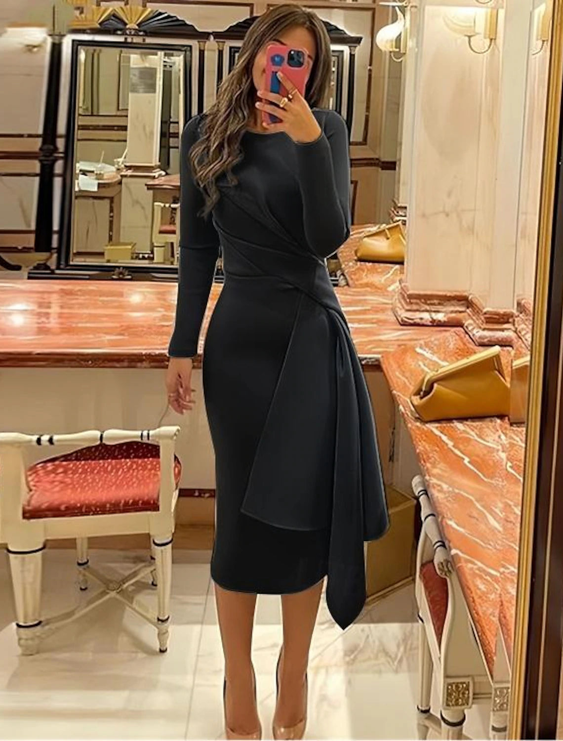 Knee-length long sleeve stretch sheath cocktail dress with ruched pleats