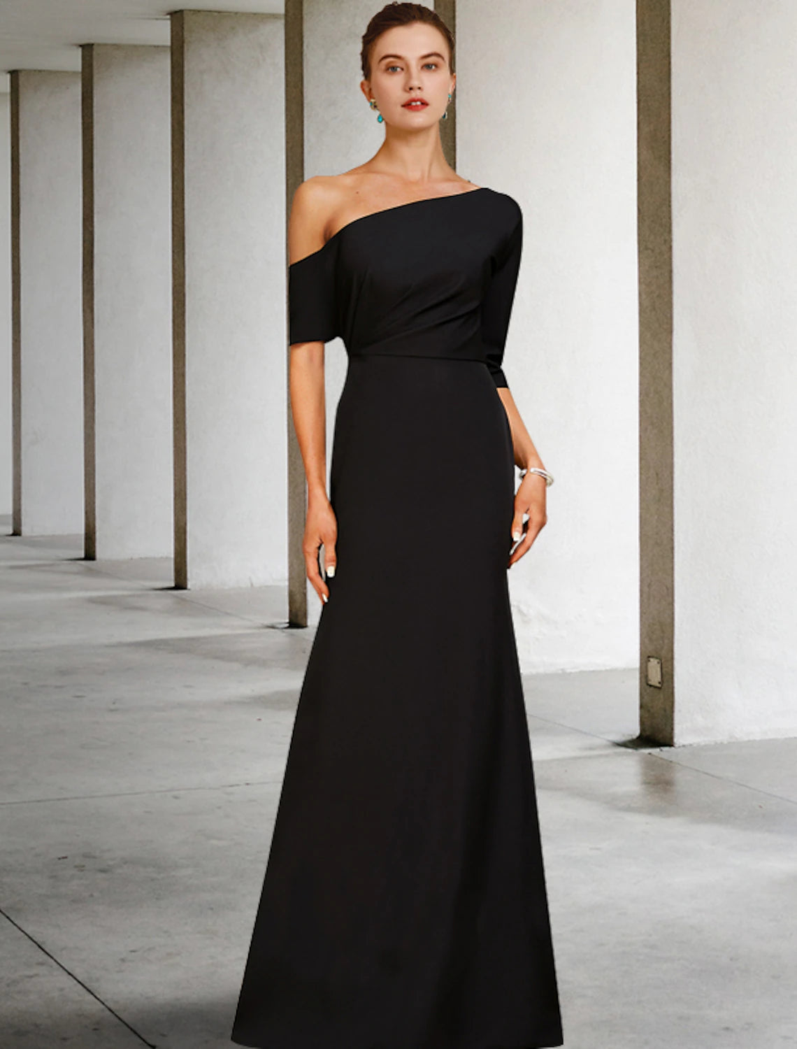 Front view of A-line one-shoulder floor-length mother of the bride dress with 3/4 sleeve and side-draped ruffles