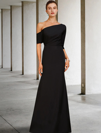 Front view of A-line one-shoulder floor-length mother of the bride dress with 3/4 sleeve and side-draped ruffles