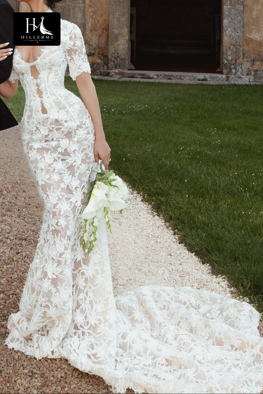 Illusion Lace Trumpet Wedding Dress with Chapel Train