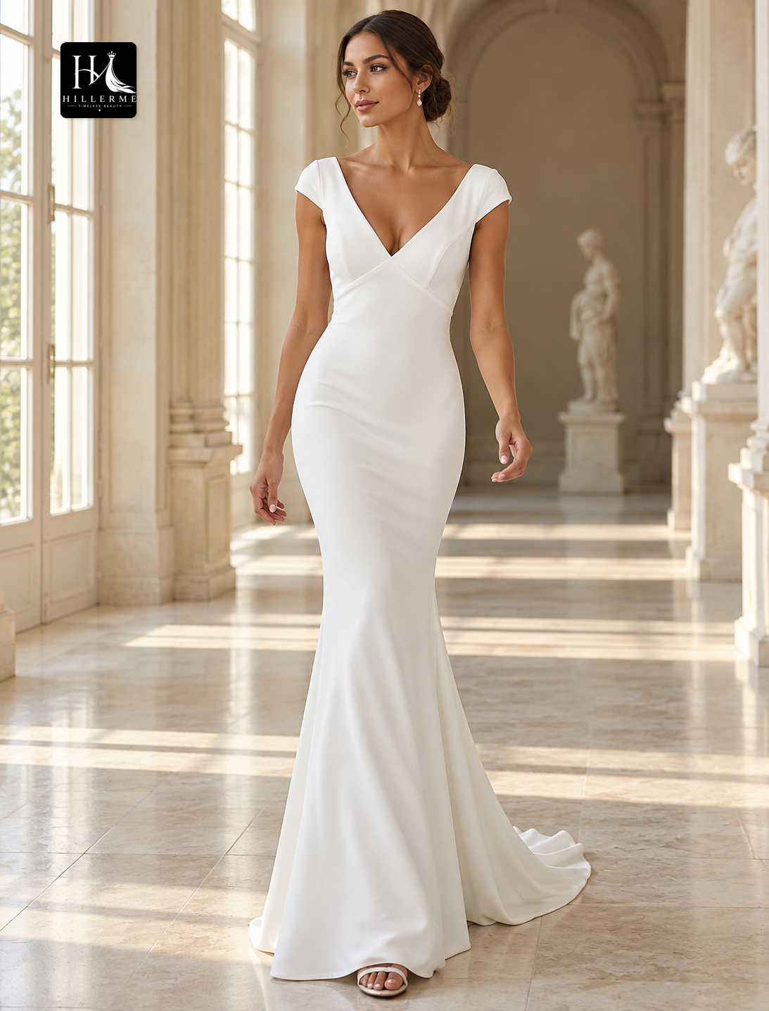 Simple Mermaid V-Neck Cap Sleeve Reception Wedding Dress with Draping