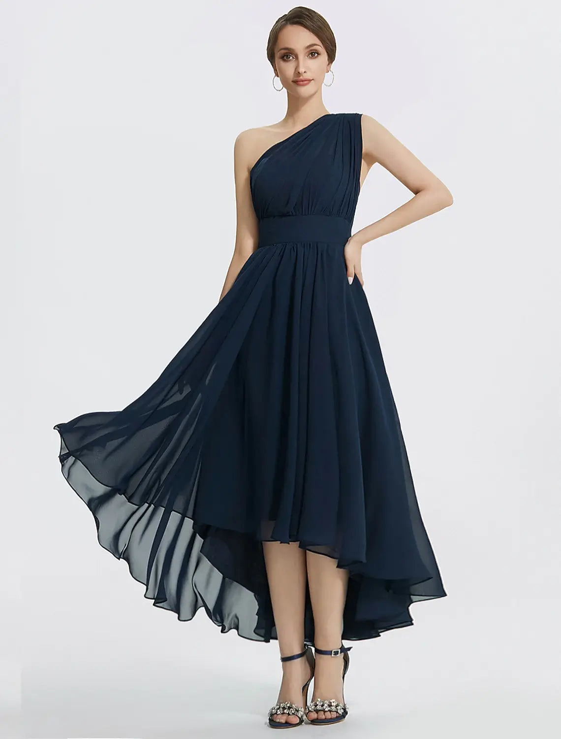 Convertible off-the-shoulder tea-length A-line chiffon wedding guest dress with ruched bodice