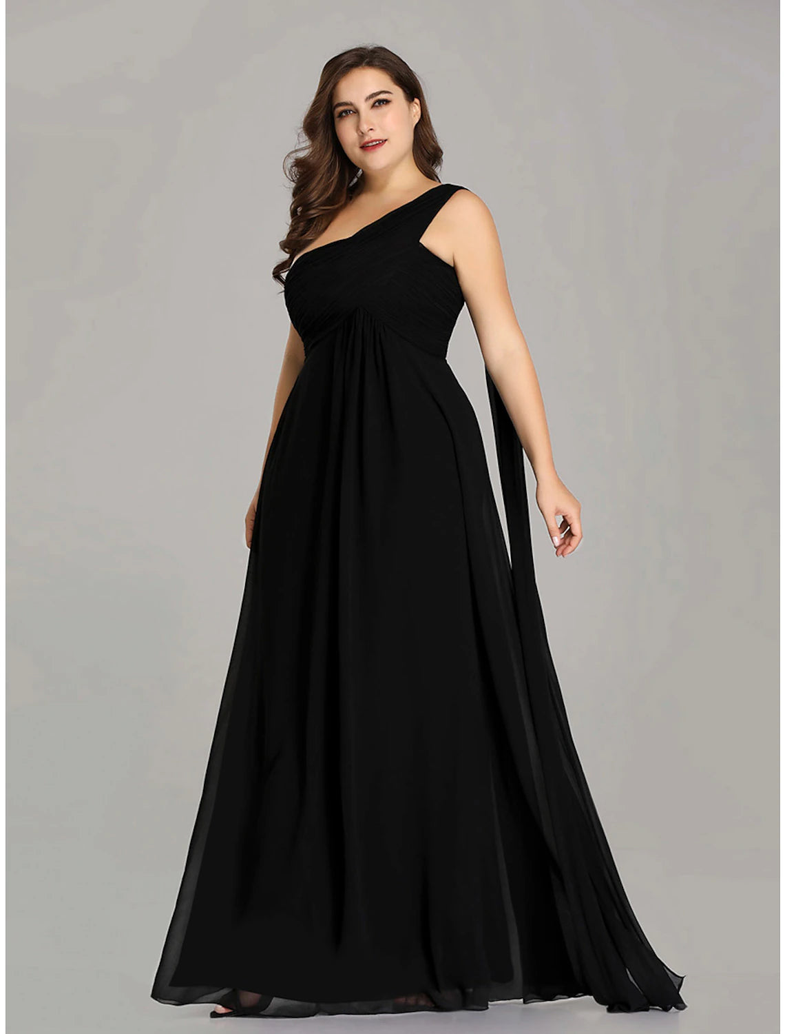 Pleated one-shoulder sleeveless chiffon evening dress