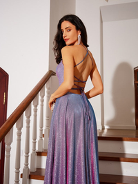 A-line ruffled prom dress featuring halter neckline and sweep brush train