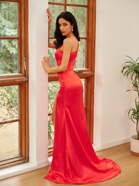Red one-shoulder sleeveless sheath prom dress with ruching