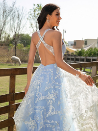 A-line sleeveless V-neck floor-length prom dress in lace and tulle