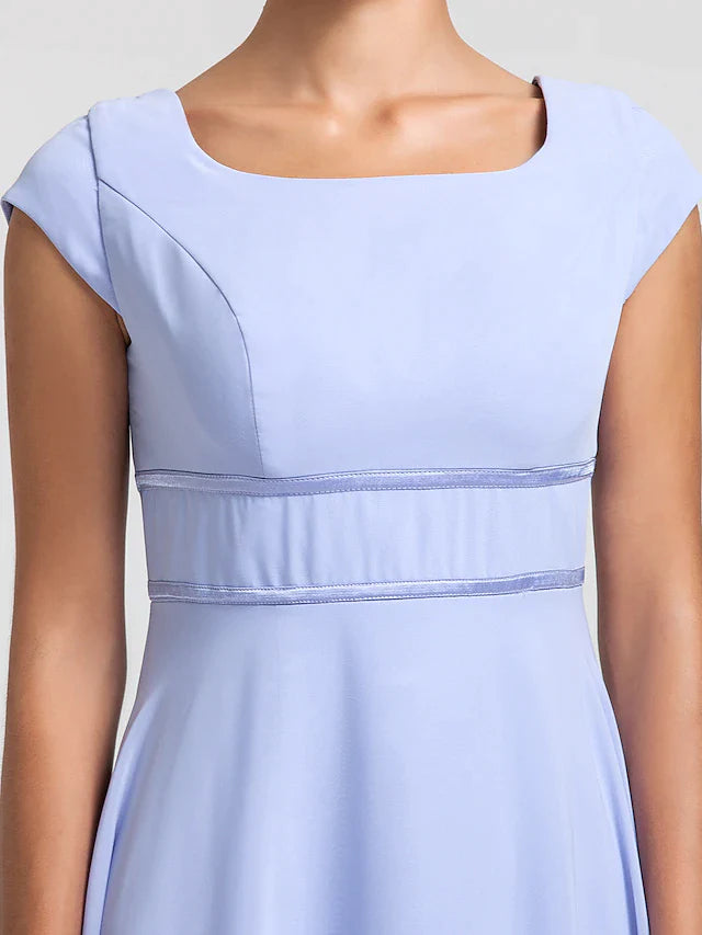 Square neck short sleeve floor-length column bridesmaid dress in airy chiffon