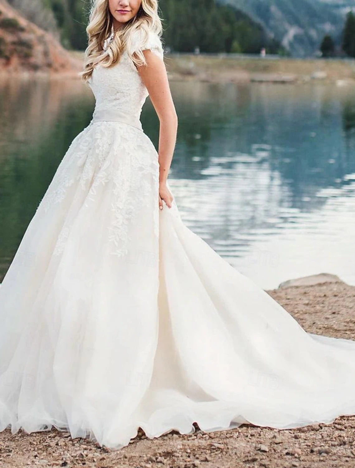 V-neck short sleeve chiffon ball gown wedding dress with appliques