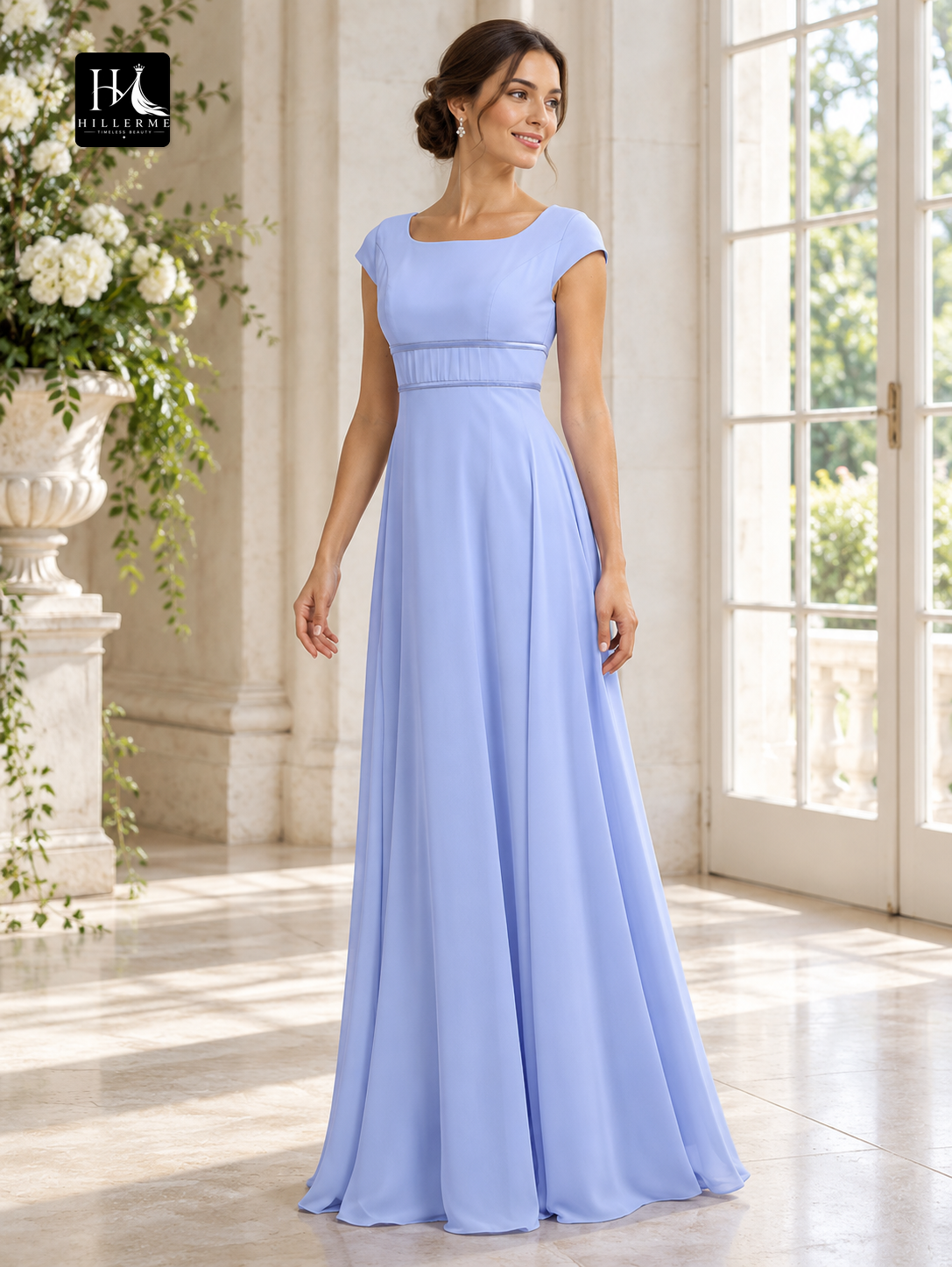 Square Neck Short Sleeve Floor-Length Chiffon Sheath Bridesmaid Dress with Sash and Pleats