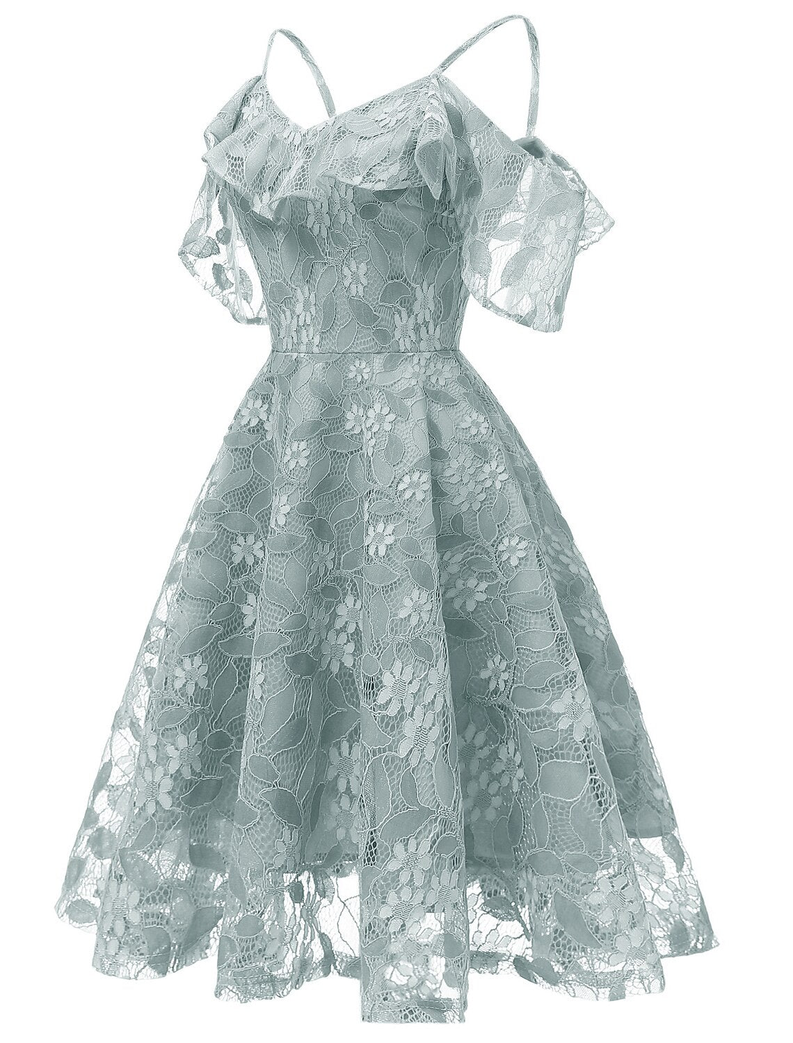A-line knee length lace dress with short sleeves and spaghetti straps