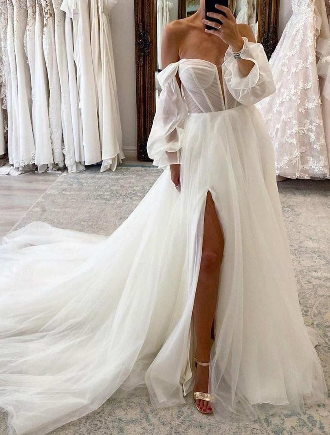 White vintage off-shoulder long sleeve ruched chiffon A-line wedding dress with court train