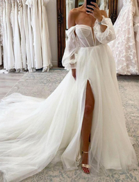 White vintage off-shoulder long sleeve ruched chiffon A-line wedding dress with court train