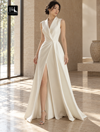 Simple A-Line V-Neck Sleeveless Satin Wedding Dress with Split Front